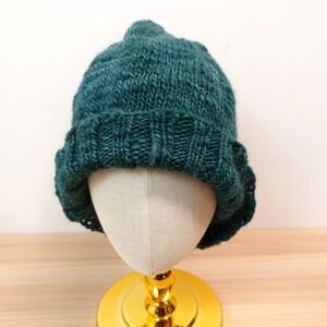 Ribbed Handmade Knit Wool Beanie Hat Blue Teal Marled Winter Ski Artisan NEW